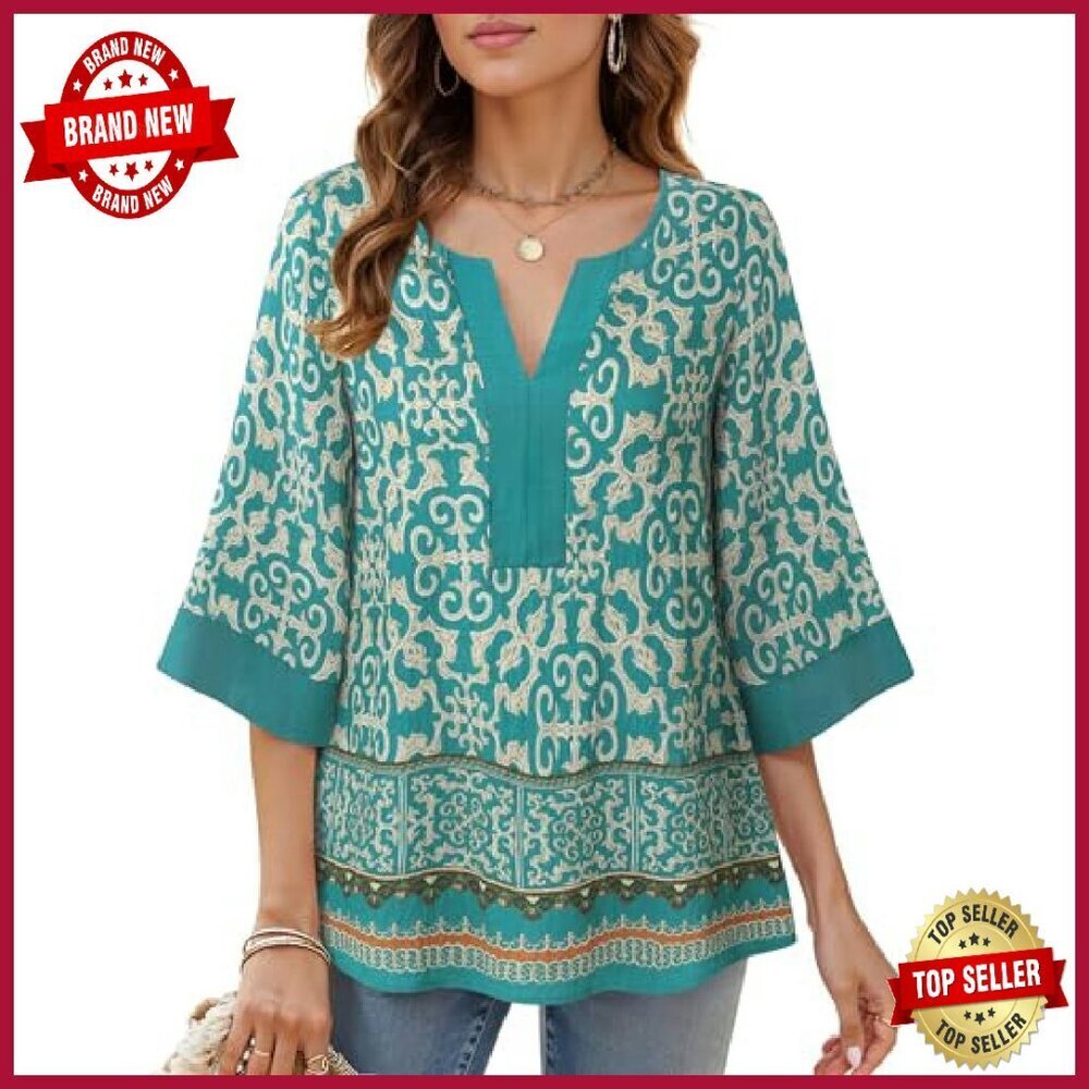 Women's 3/4 Sleeve V-Neck Floral Tunic Top Loose Fit Chiffon Blouse - Picture 5 of 8
